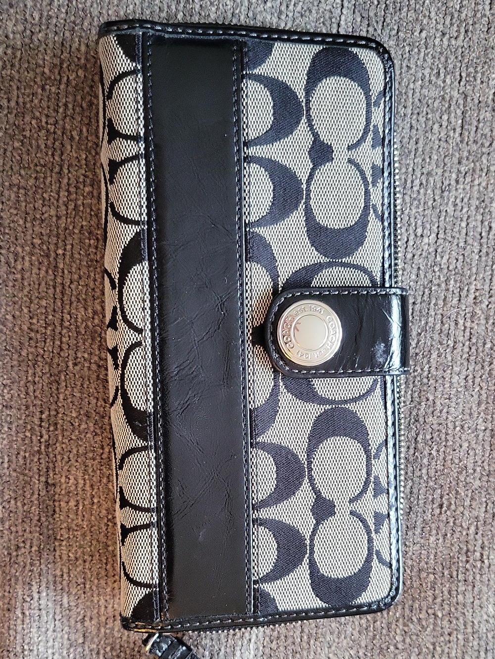 Coach Black and Khaki Signature Zip Wallet